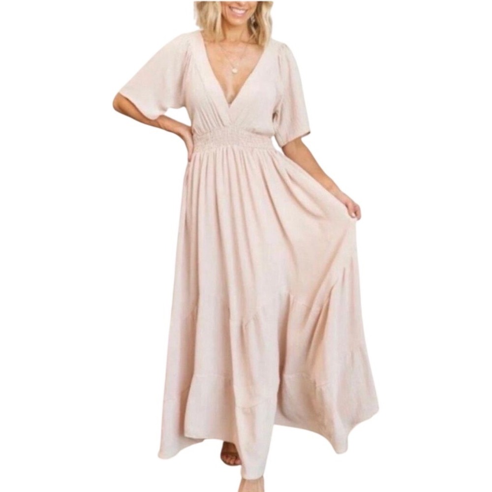 Baltic Born Delilah Maxi Dress Blush Pink‎ V-Neck Smocked Tiered Boho Wedding M